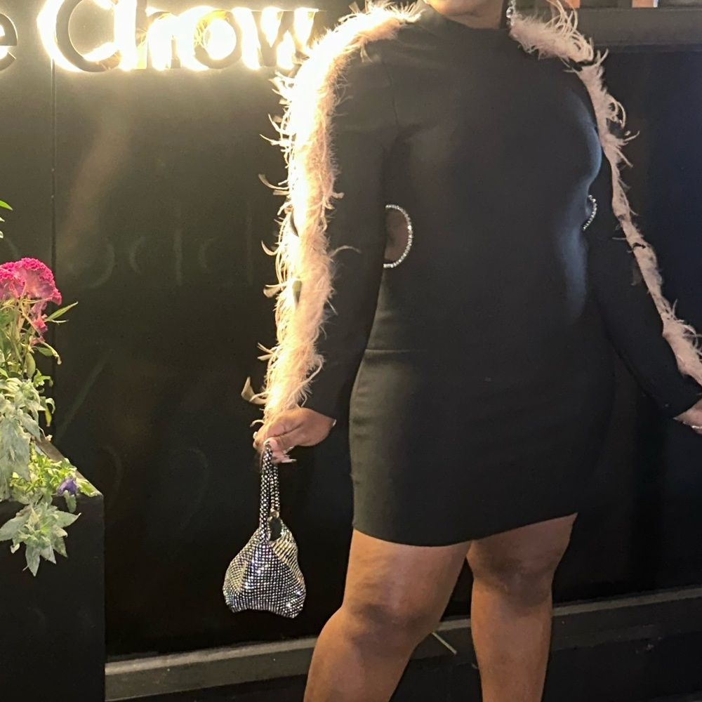 Feather sleeve black dress
